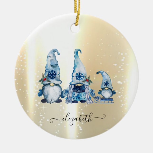 Elegant Shiny,Faux Gold,Blue Gnomes Ceramic Ornament (Front)