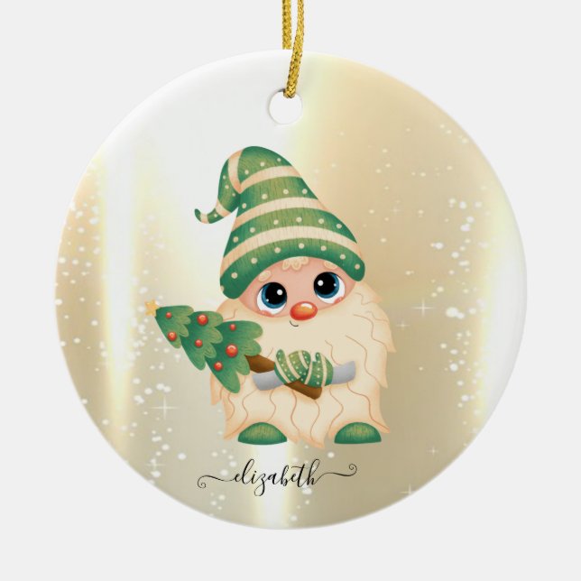 Elegant Shiny,Faux Gold,Cute Gnome Ceramic Ornament (Front)