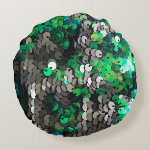 Elegant shiny glamour greens greys disc sequins round pillow