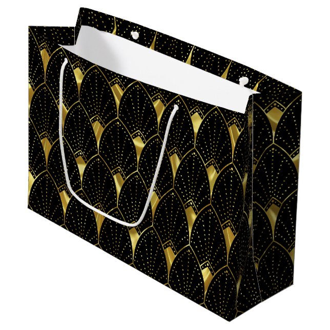 Elegant Shiny Gold Art Deco Pattern On Black Large Gift Bag (Front Angled)