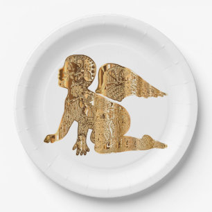 Elegant Shiny Golden Angel Heavenly White Paper Plate