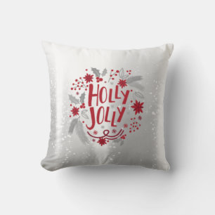 Elegant Shiny Silver Holly Jolly Throw Pillow