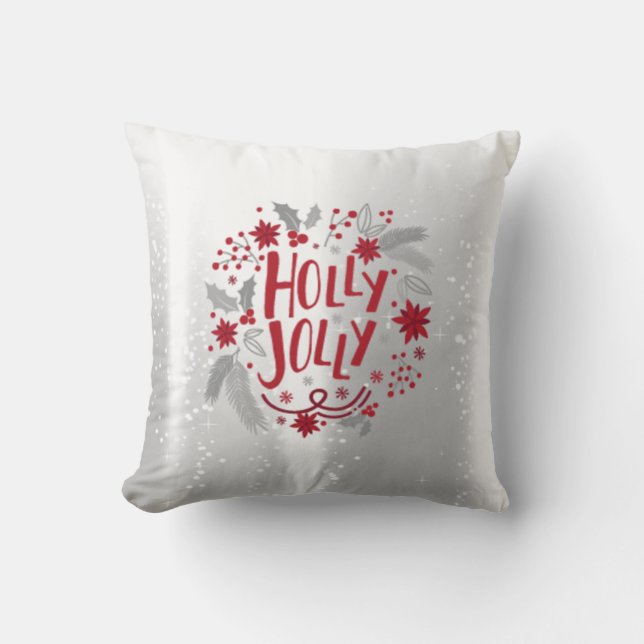 Elegant Shiny Silver Holly Jolly Throw Pillow (Front)