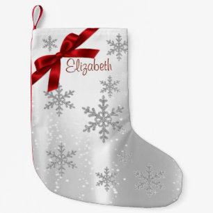 Elegant Shiny Snowflakes,Red Bow-Personalized Small Christmas Stocking