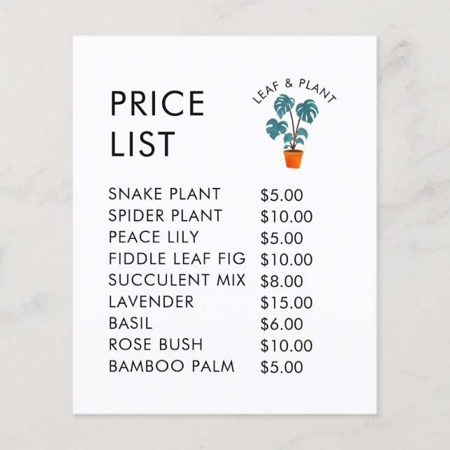 Elegant Shop Price List Display with potted plant Flyer (Front)