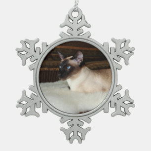 Elegant Siamese Cat Snowflake Pewter Christmas Ornament