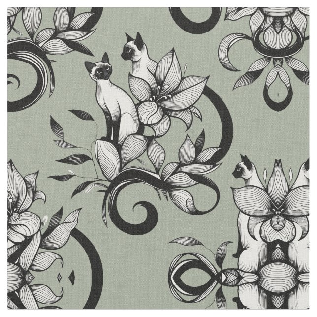 Elegant Siamese Cats Floral Vintage Illustration Fabric (Close Up)