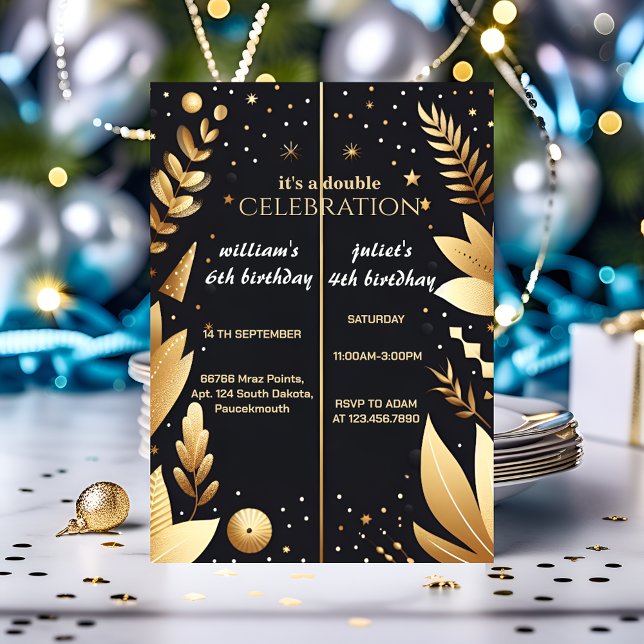 Elegant Sibling Black simple modern Joint Birthday Invitation (Creator Uploaded)