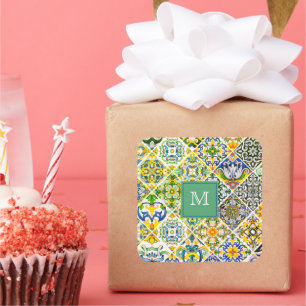 Elegant Sicilian Mediterranean green tiles Square Sticker