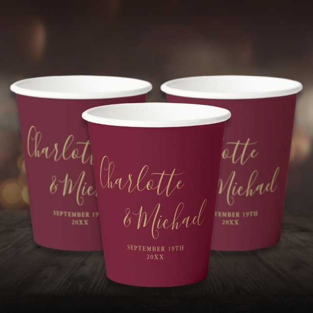 Elegant Signature Burgundy and Gold Script Wedding Paper Cups (Elegant Signature Burgundy and Gold Script Wedding Paper Cups)