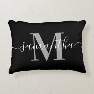 Elegant Signature Grey Modern Monogram Black Accent Pillow