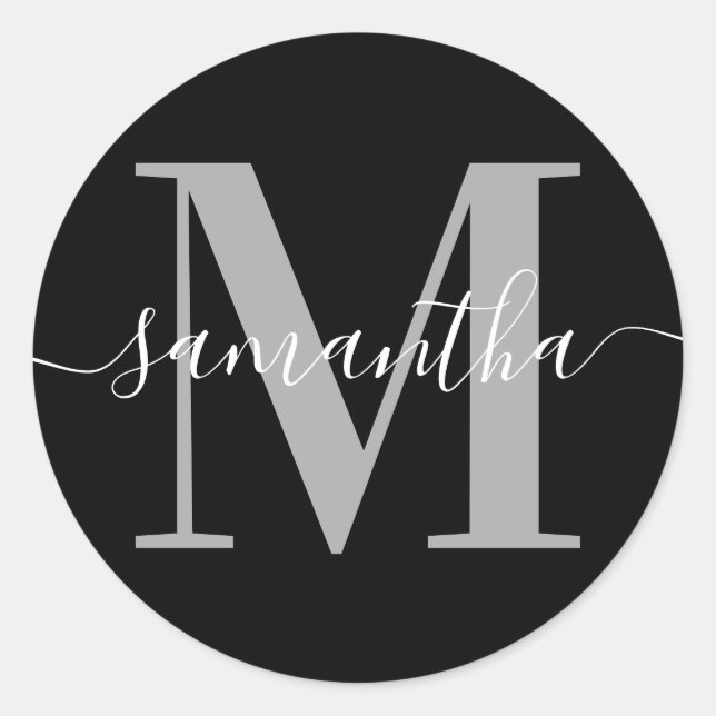 Elegant Signature Grey Modern Monogram Black Classic Round Sticker (Front)