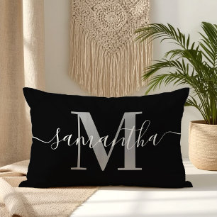 Elegant Signature Grey Modern Monogram Black Lumbar Pillow