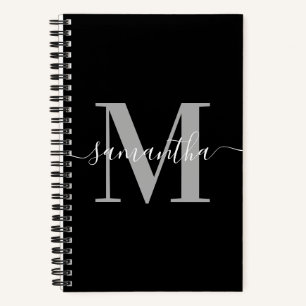 Elegant Signature Grey Modern Monogram Black Notebook