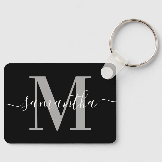 Elegant Signature Grey Modern Monogram Black Photo Keychain (Front)