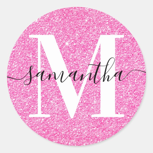 Elegant Signature Modern Monogram Pink Glitter Classic Round Sticker (Front)