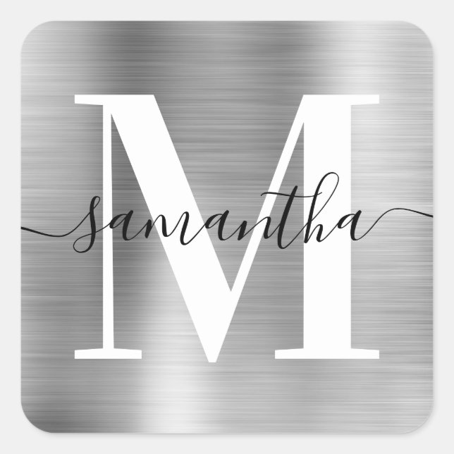 Elegant Signature Modern Monogram Silver Foil Square Sticker (Front)