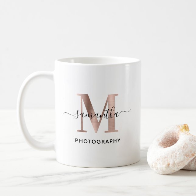 Elegant Signature Rose Gold M Monogram Logo Coffee Mug (With Donut)