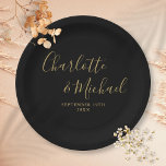 Elegant Signature Script Black And Gold Wedding Paper Plate<br><div class="desc">Elegant signature black and gold wedding paper plates personalized with signature style names and your special wedding date. Designed by Thisisnotme©</div>