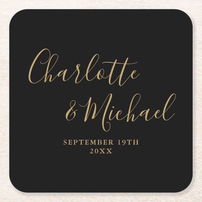 Elegant Signature Script Black And Gold Wedding Square Paper Coaster (Front)