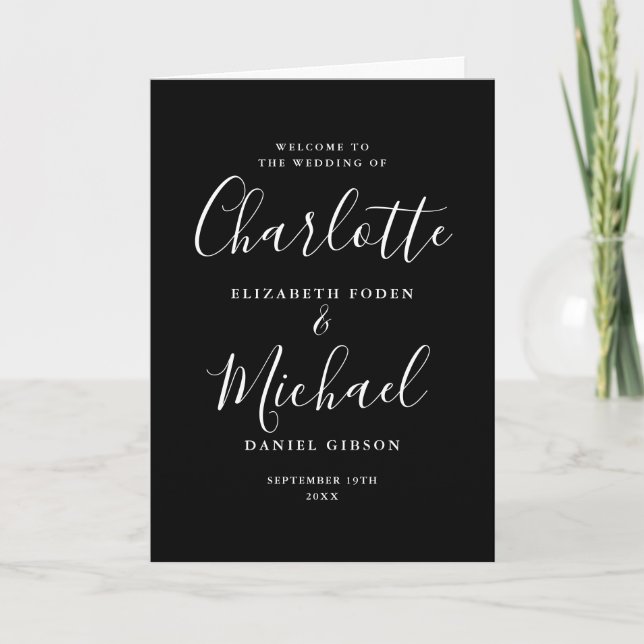 Elegant Signature Script Black And White Wedding Program (Front)