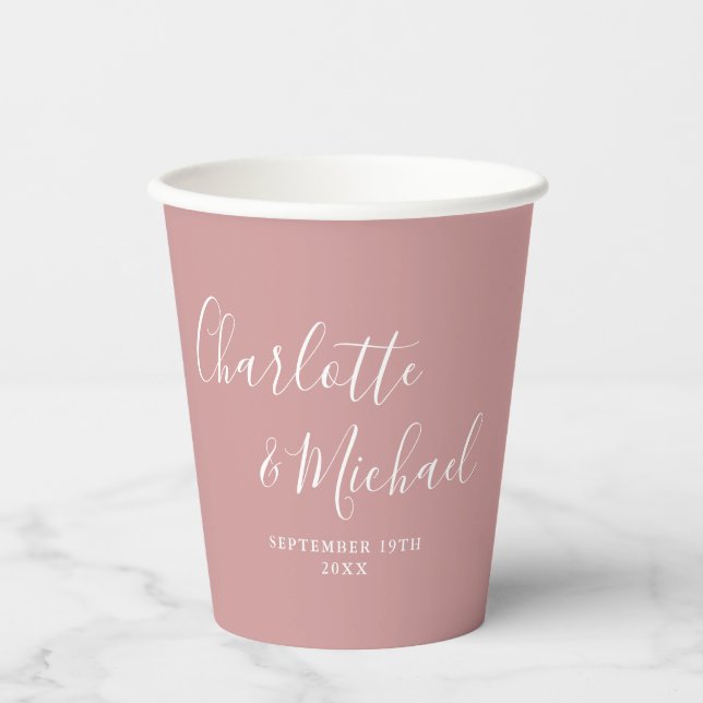 Elegant Signature Script Dusty Rose Wedding Paper Cups (Front)