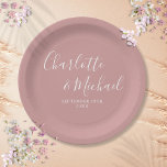 Elegant Signature Script Dusty Rose Wedding Paper Plate<br><div class="desc">Elegant signature dusty rose wedding paper plates personalized with signature style names and your special wedding date. Designed by Thisisnotme©</div>