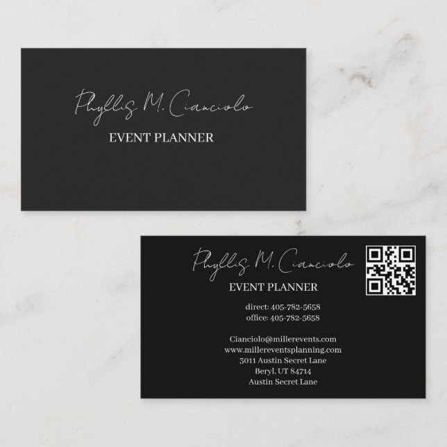 Elegant Signature Script Event Planner QR Code Bus Business Card (Front/Back)