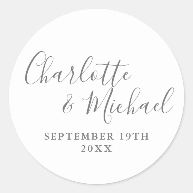 Elegant Signature Script Gray And White Classic Round Sticker (Front)