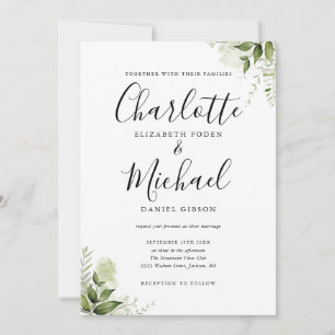 Elegant Signature Script Greenery Leaves Wedding Invitation