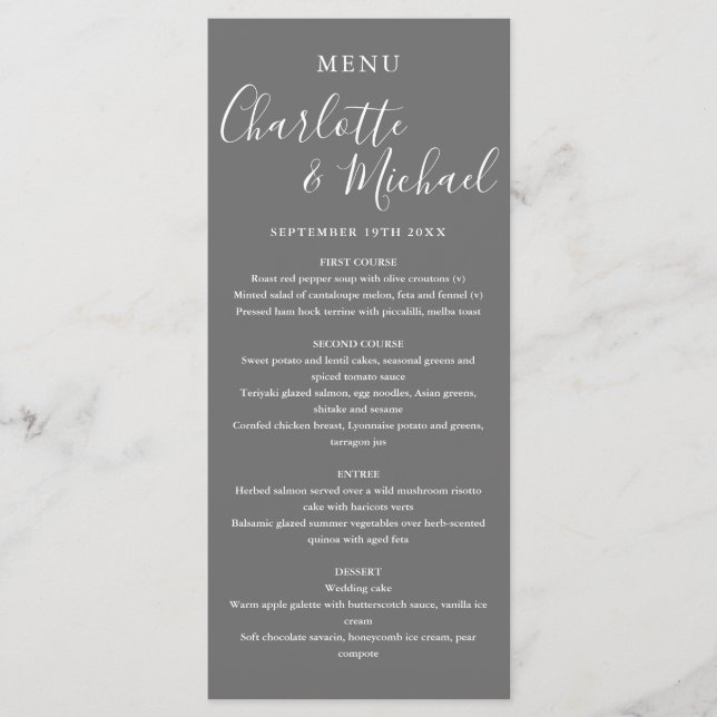 Elegant Signature Script Grey Wedding Menu (Front)