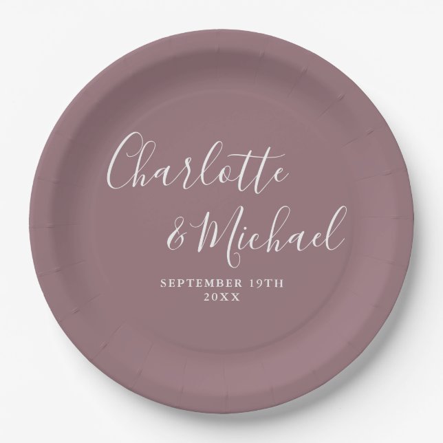 Elegant Signature Script Mauve Wedding Paper Plate (Front)