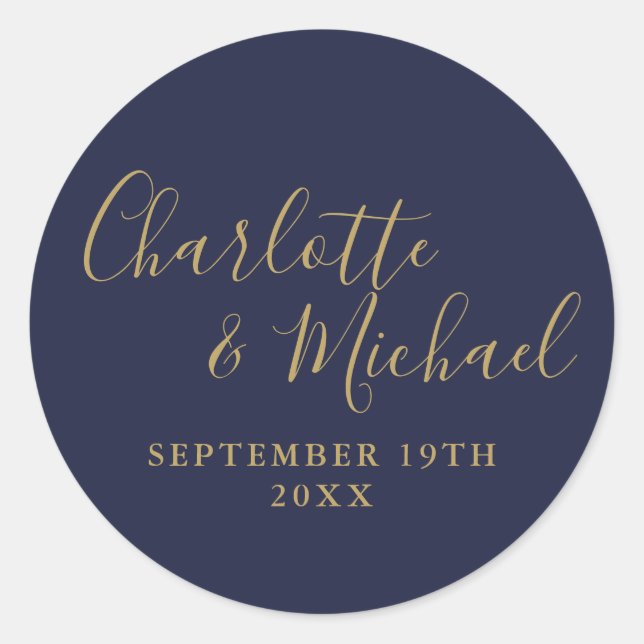 Elegant Signature Script Navy Blue And Gold Classic Round Sticker (Front)
