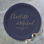 Elegant Signature Script Navy Blue Gold Wedding Paper Plate<br><div class="desc">Elegant signature navy blue and gold wedding plate personalized with signature style names and your special wedding date. Designed by Thisisnotme©</div>