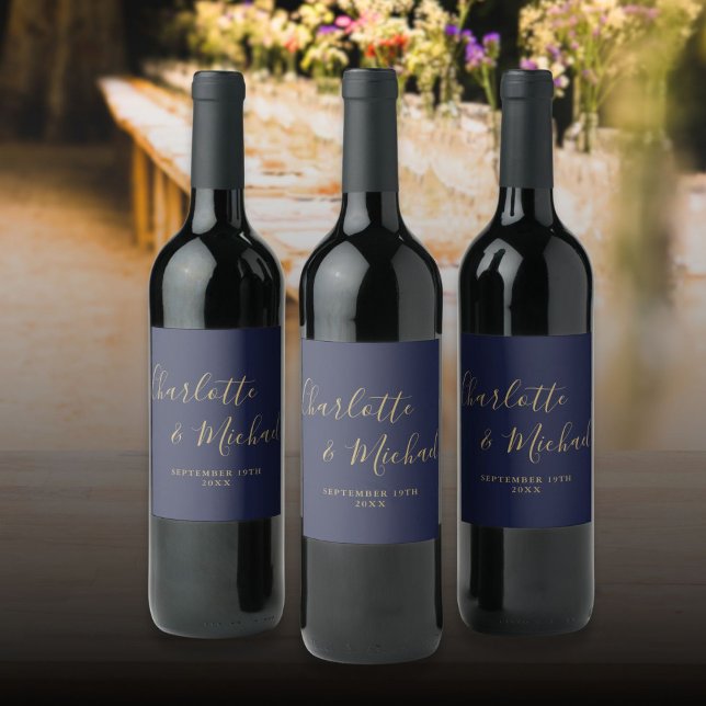 Elegant Signature Script Navy Blue Gold Wedding Wine Label ( Elegant Signature Script Navy Blue Gold Wedding Wine Label)