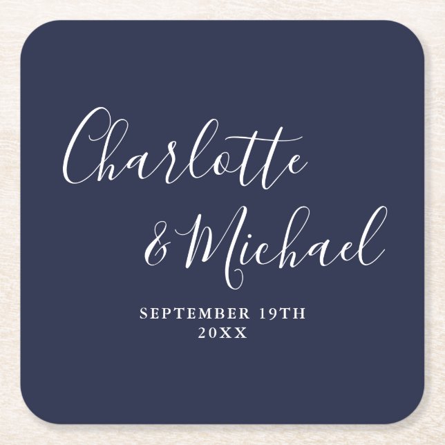 Elegant Signature Script Navy Blue Wedding Square Paper Coaster (Front)