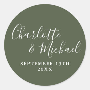 Elegant Signature Script Olive Green Classic Round Sticker