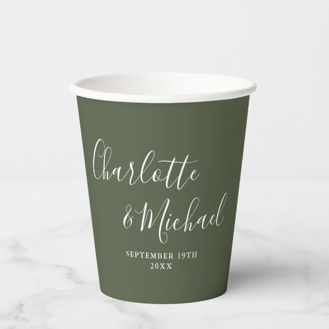 Elegant Signature Script Olive Green Wedding Paper Cups (Front)