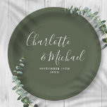 Elegant Signature Script Olive Green Wedding Paper Plate<br><div class="desc">Elegant signature script olive green wedding paper plates personalized with signature style names and your special wedding date. Designed by Thisisnotme©</div>
