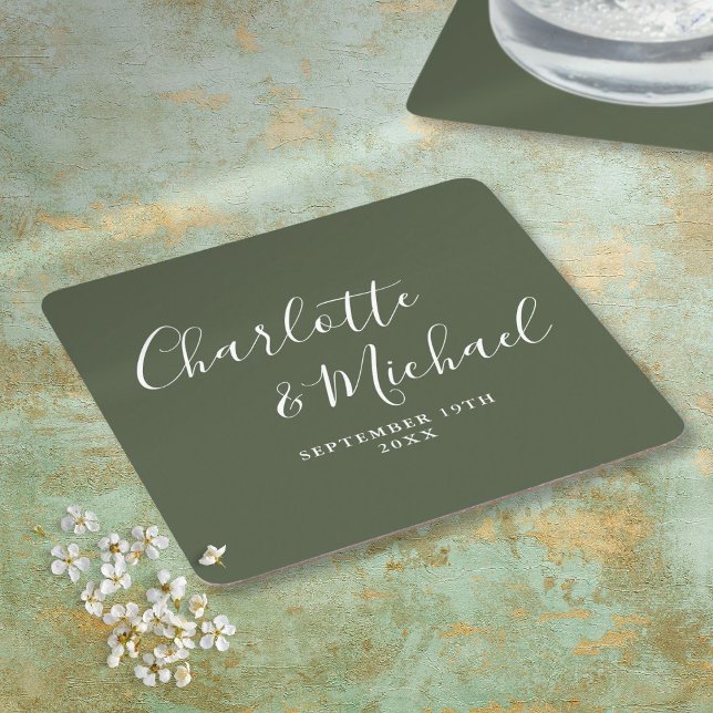 Elegant Signature Script Olive Green Wedding Square Paper Coaster (Elegant Signature Script Olive Green Wedding Square Paper Coaster)