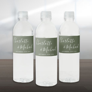 Elegant Signature Script Olive Green Wedding Water Bottle Label
