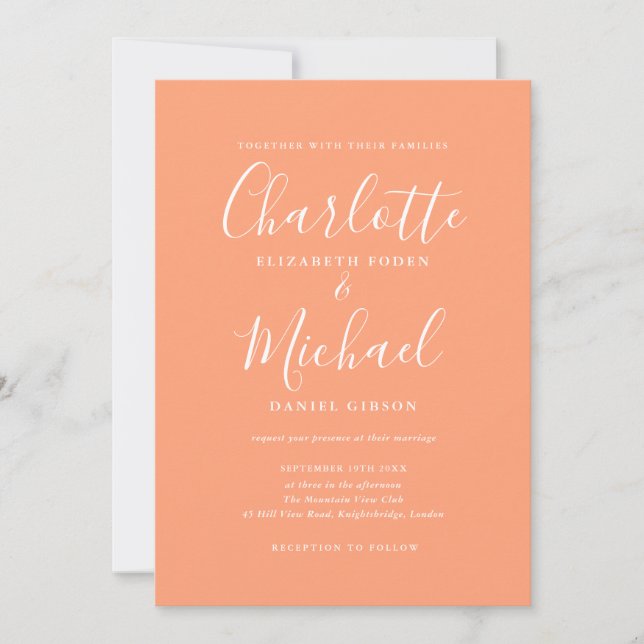 Elegant Signature Script Peach Wedding Invitation (Front)