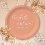 Elegant Signature Script Peach Wedding Paper Plate<br><div class="desc">Elegant signature peach wedding paper plates personalized with signature style names and your special wedding date. Designed by Thisisnotme©</div>