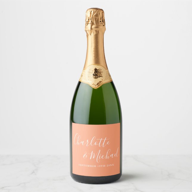 Elegant Signature Script Peach Wedding Sparkling Wine Label (Front)