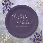 Elegant Signature Script Purple Wedding Paper Plate<br><div class="desc">Elegant signature purple wedding paper plates personalized with signature style names and your special wedding date. Designed by Thisisnotme©</div>