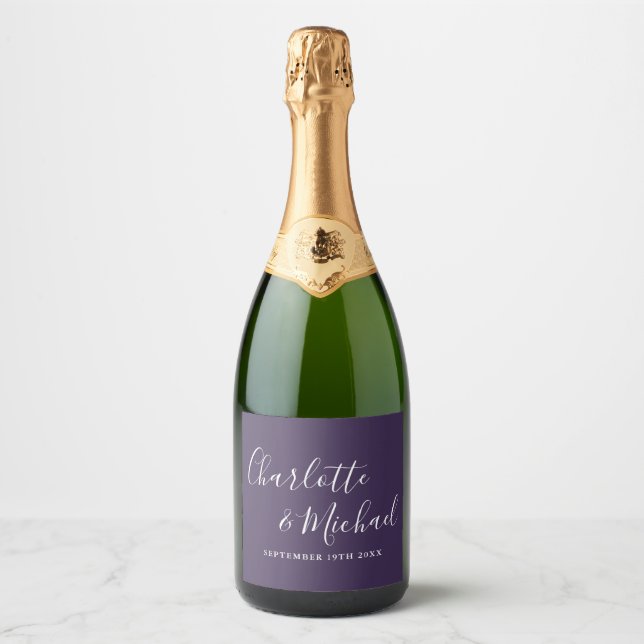 Elegant Signature Script Purple Wedding Sparkling Wine Label (Front)