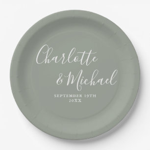 Elegant Signature Script Sage Green Wedding Paper Plate