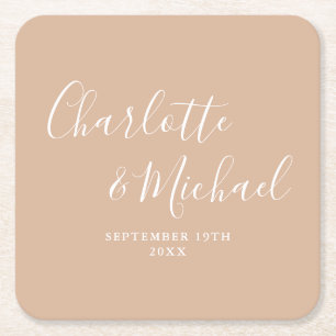 Elegant Signature Script Tan Taupe Wedding Square Paper Coaster
