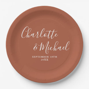 Elegant Signature Script Terracotta Wedding Paper Plate