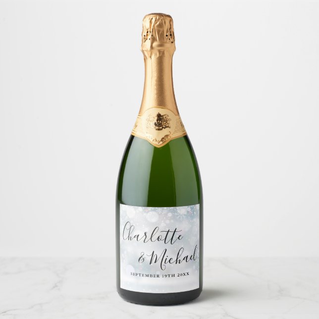 Elegant Signature Script Winter Snowflakes Wedding Sparkling Wine Label (Front)